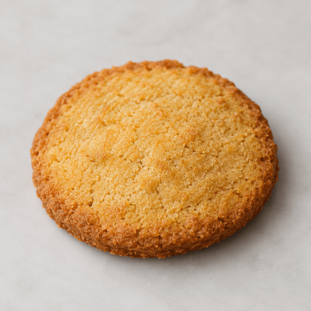 A small, flat, round biscuit with a golden-brown surface, lightly browned edges, and a fine, slightly crumbly texture, served by itself.