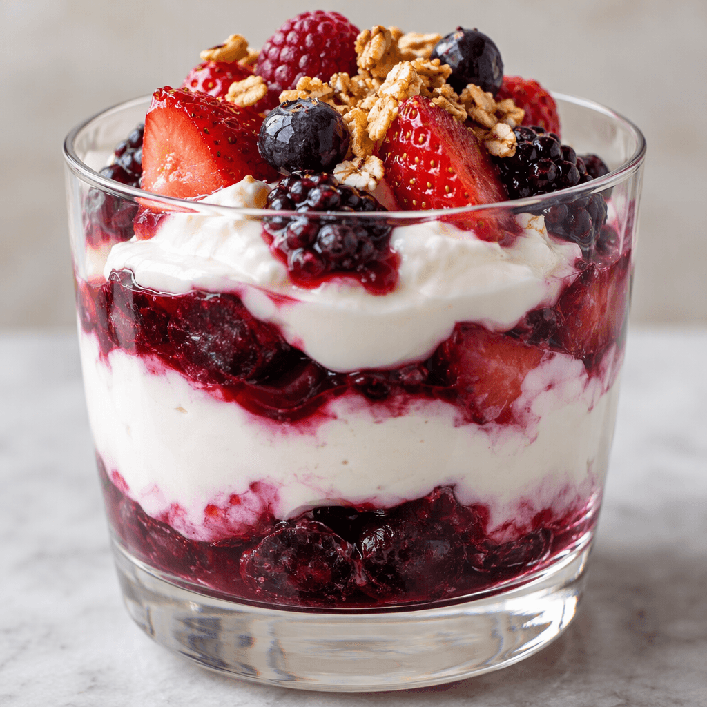 A layered fruit-and-yogurt dessert with a thick white creamy layer beside vivid red-purple fruit purée and soft fruit pieces.