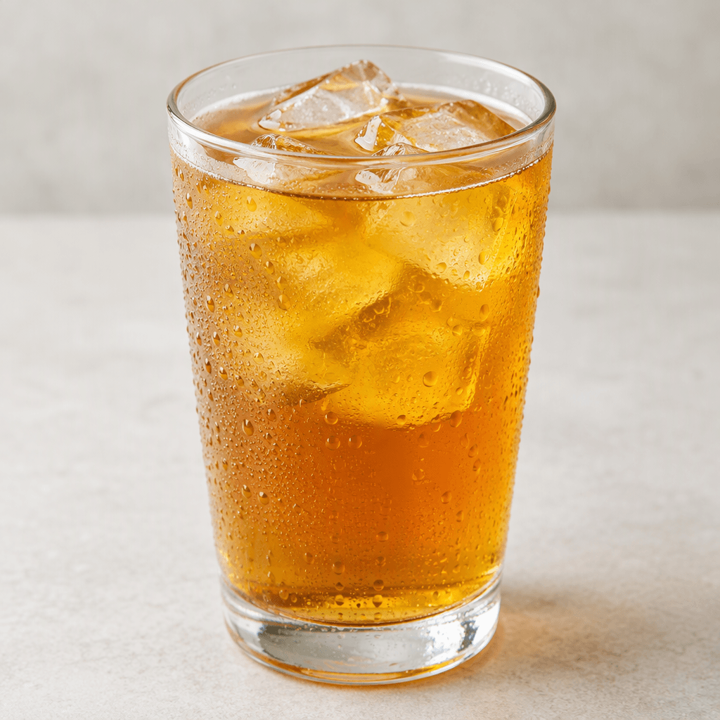 A clear glass filled with translucent amber-gold iced tea, with several angular ice cubes floating near the surface and condensation beading on the outside.