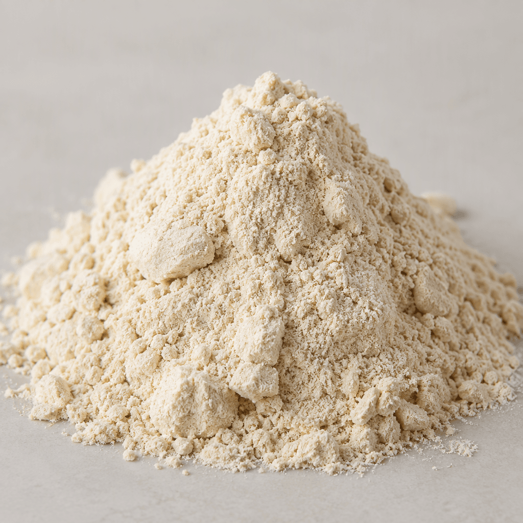 A fine, pale beige protein powder sits in a loose mound, with a dry, smooth, slightly granular texture and a few small clumps visible on the surface.