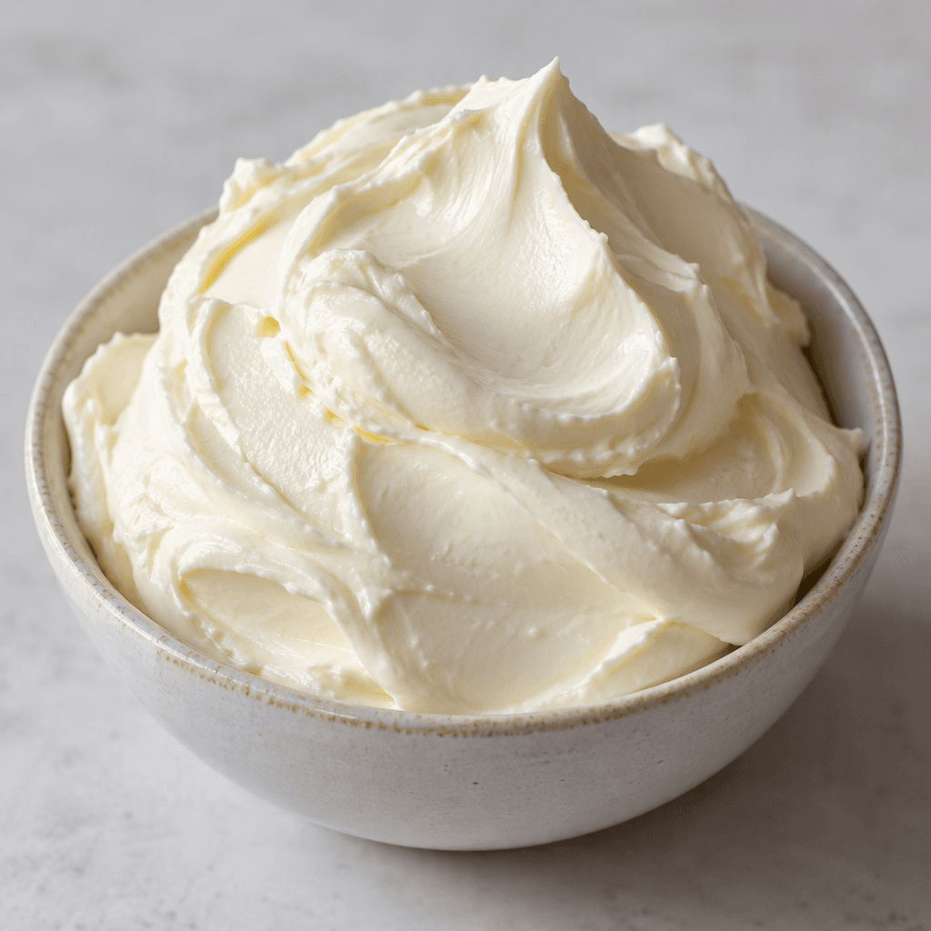 A mound of thick, ivory-white dairy cream with a smooth, dense surface and soft folds, served on a small dish.