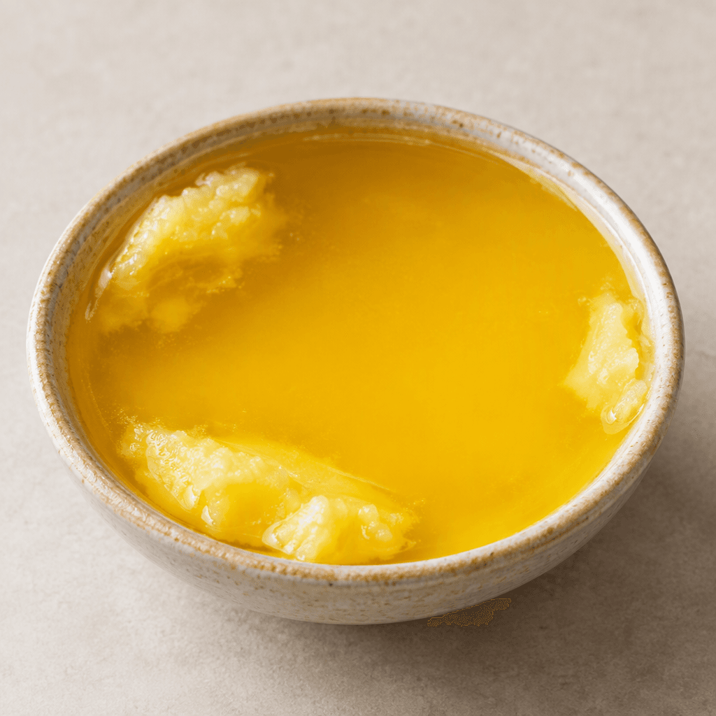 A pool of clear golden-yellow ghee with a smooth, glossy surface, served in a small shallow bowl with a few solid, creamy yellow pieces visible at the edges.