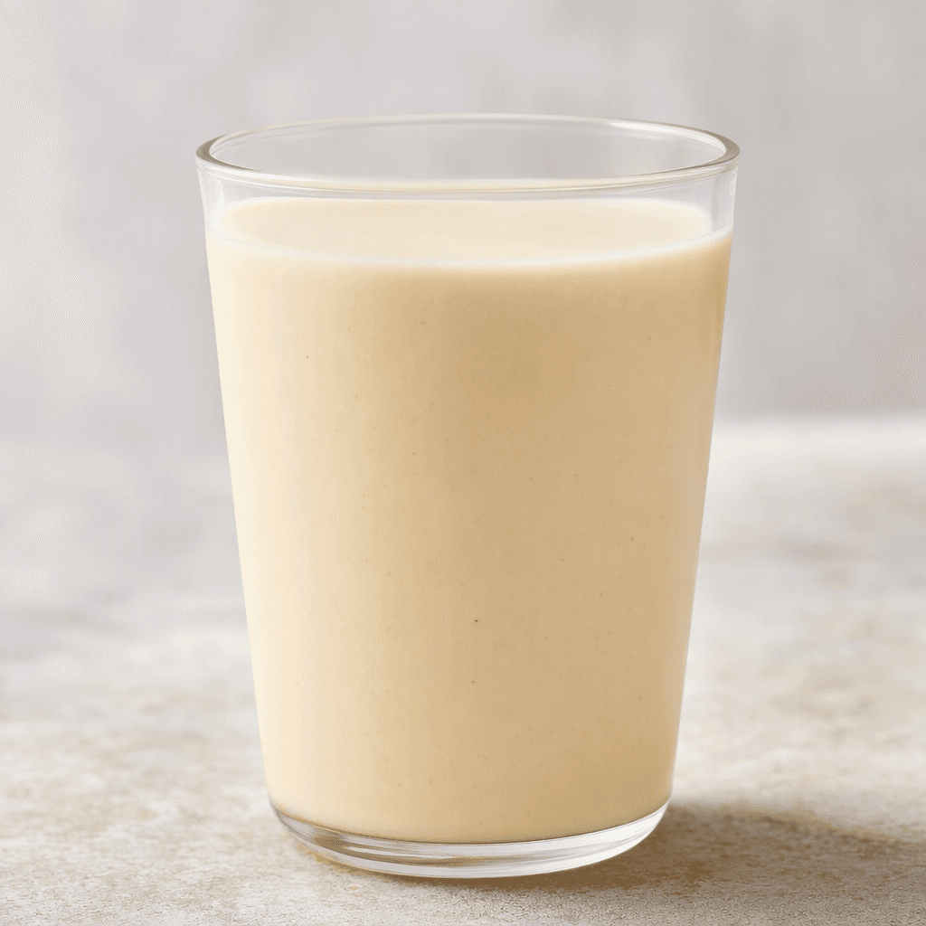 A smooth, opaque, pale beige drink fills a clear glass, with an even creamy surface and no visible pieces.