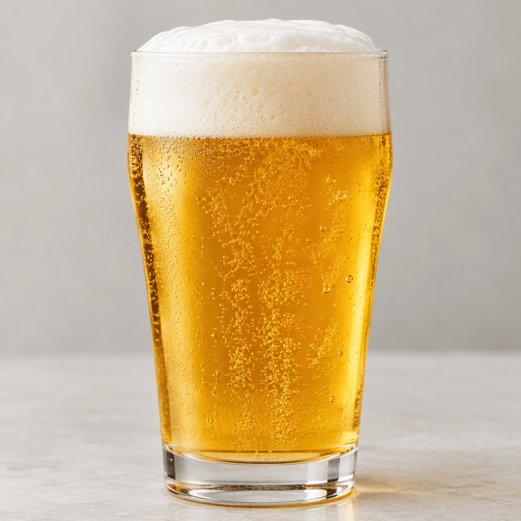 A clear glass filled with pale golden to amber beer, topped with a thick layer of white foam and fine bubbles rising through the liquid.