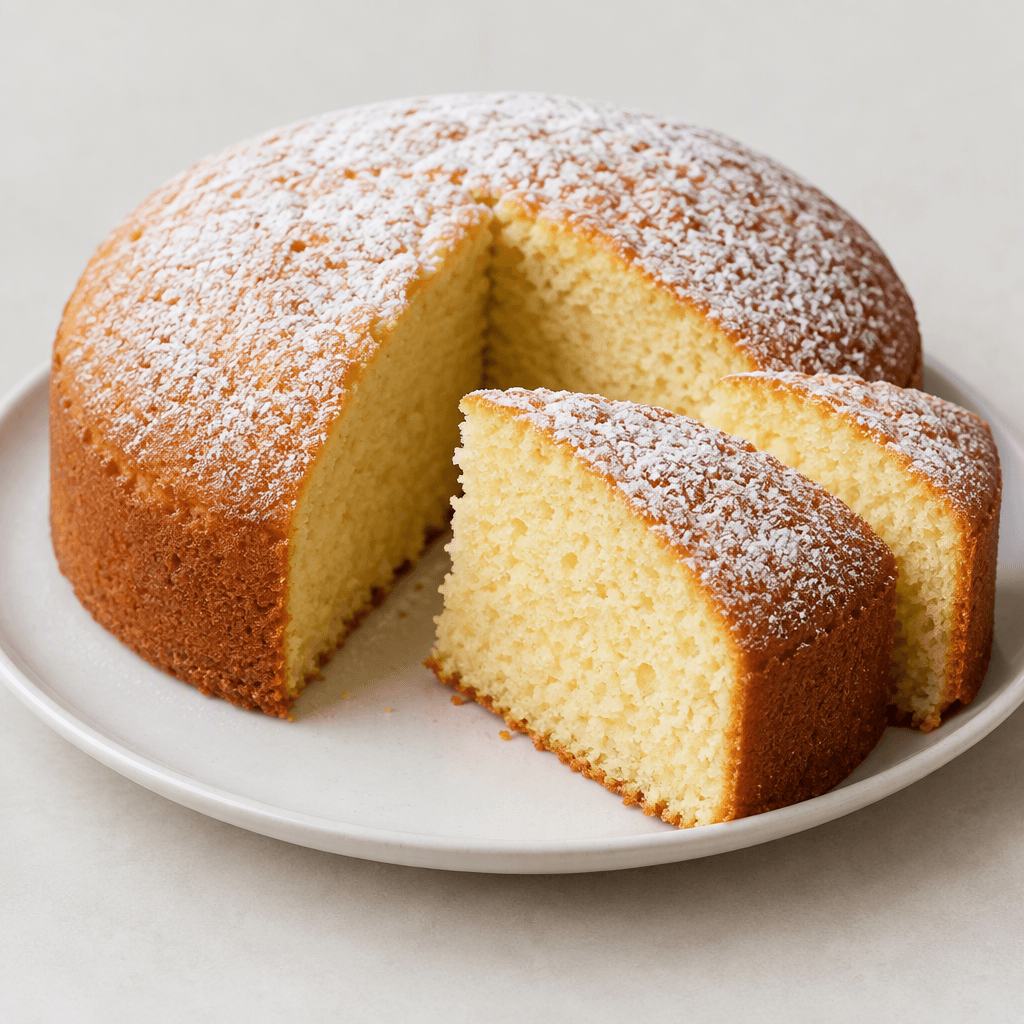 A golden-brown round cake with a slightly domed top, fine tender crumb, and cleanly cut slices arranged on a plain plate, with a light dusting of powdered sugar on the surface.