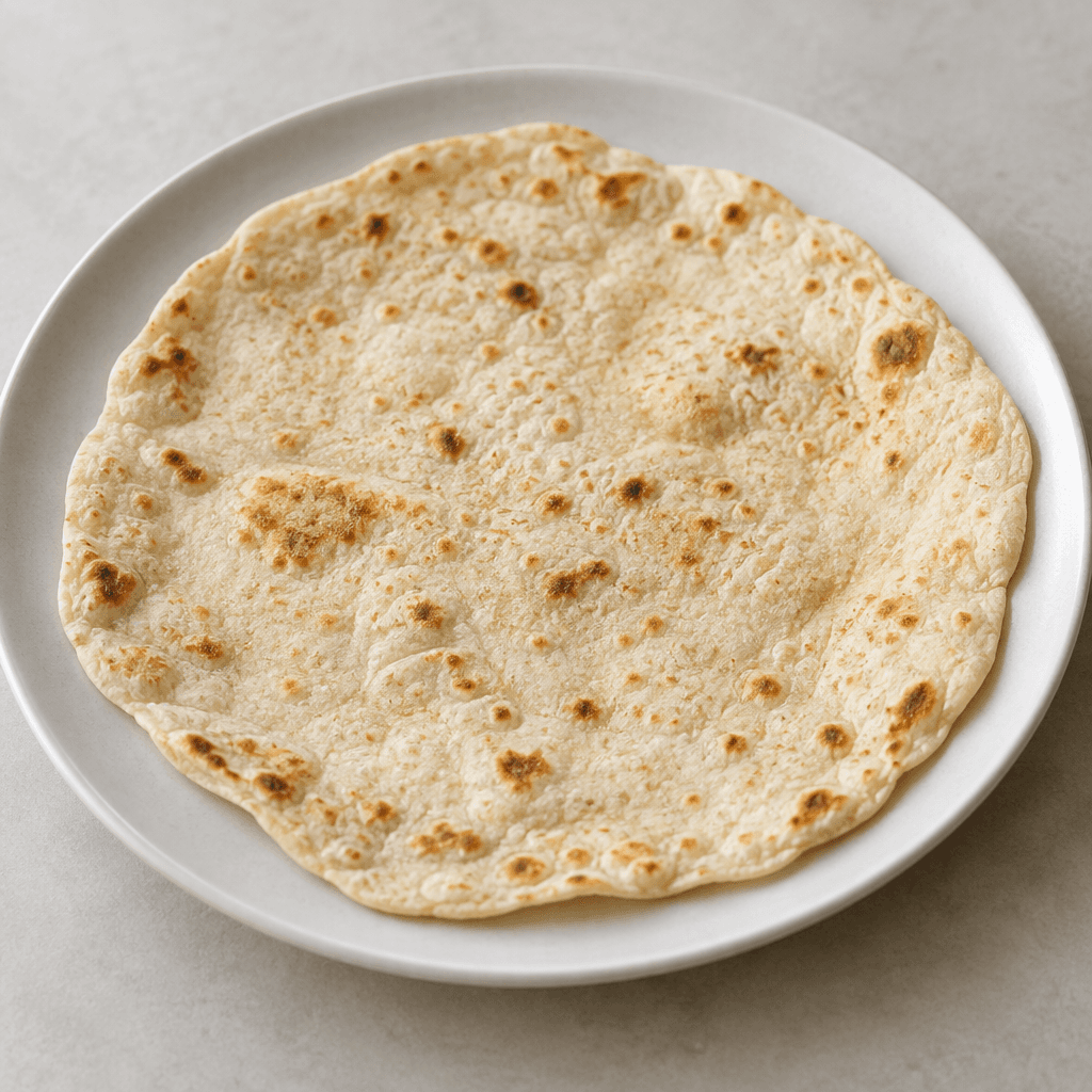 A thin, flexible, pale beige flatbread with slightly irregular rounded edges and scattered light-brown toasted spots, served flat on a plate.