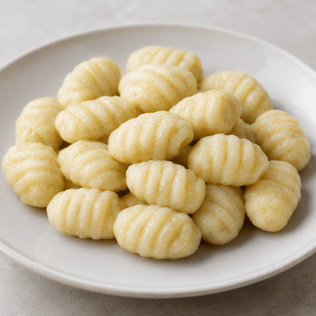 Small, pale ivory potato dumplings with short oval forms, gently rounded edges, and shallow ridges across their surfaces, served together on a plate.