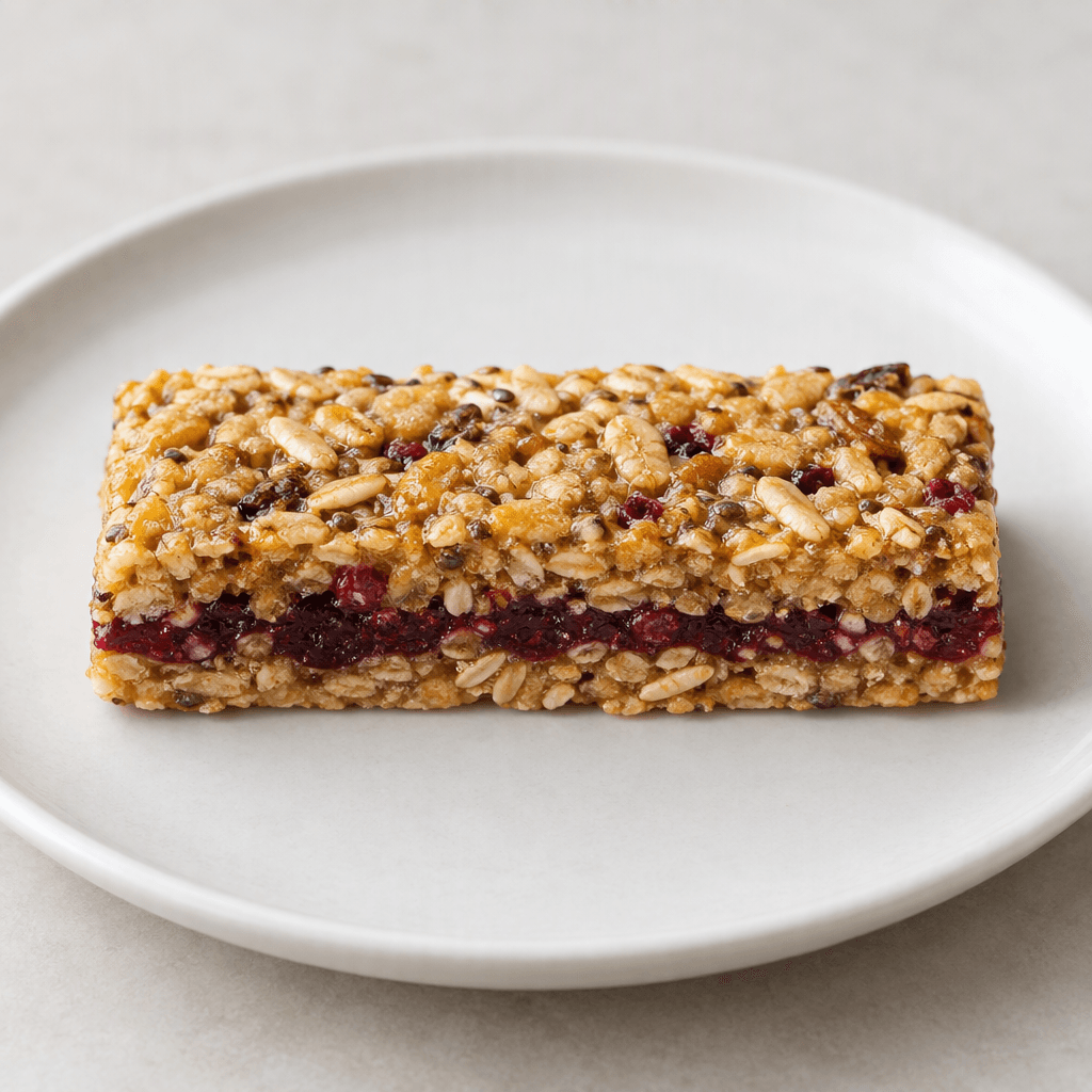A slim rectangular cereal bar with a golden, grain-speckled top and a visible dark red fruit layer, resting on a plain plate.