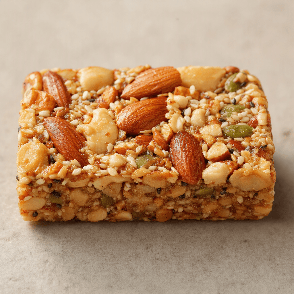 A compact rectangular nut bar with a golden-brown, slightly glossy surface, densely packed with visible whole and chopped nuts and small seeds.