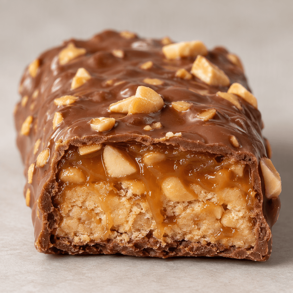 A compact rectangular bar with a glossy milk-chocolate coating, scattered peanut pieces, and a cut edge showing a dense, pale-brown filling streaked with caramel.