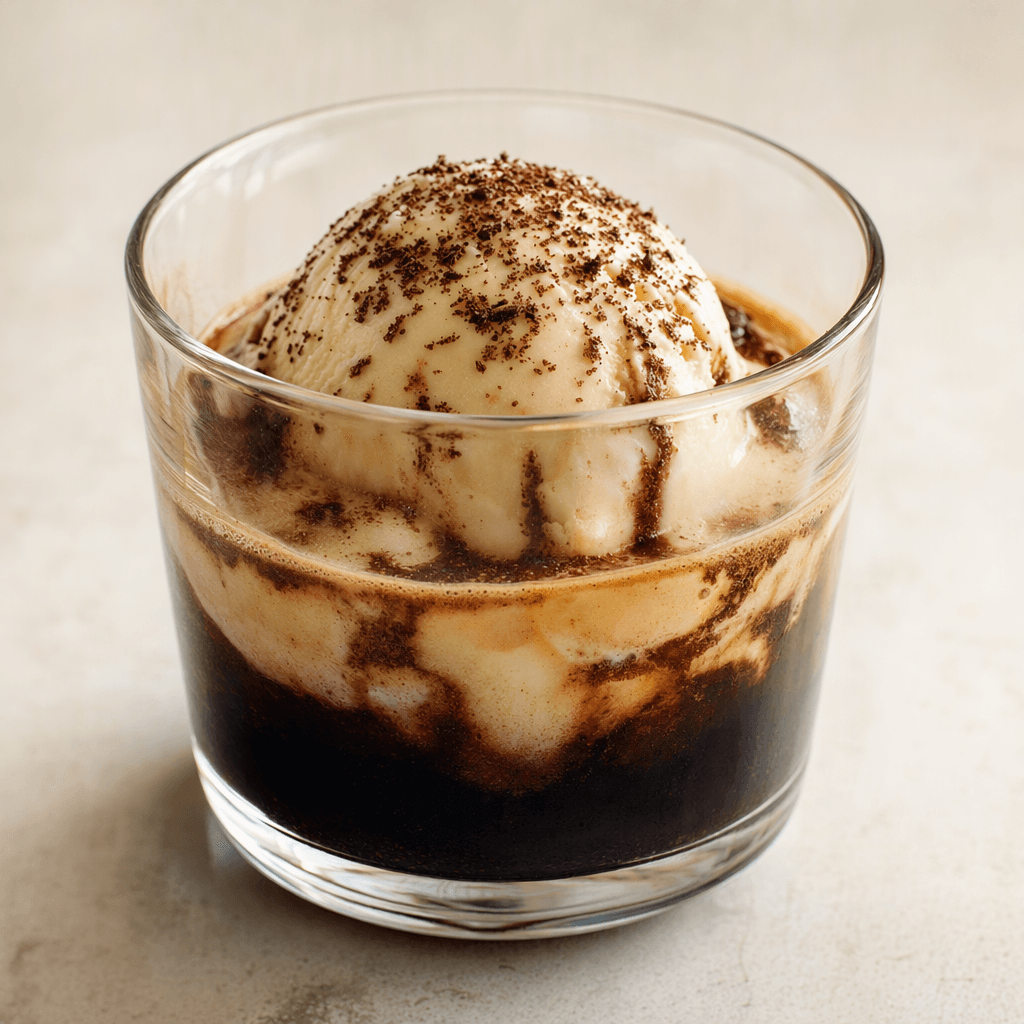 A clear glass holds a pale scoop of ice cream partly submerged in dark brown espresso, with glossy chocolate streaks pooling around it and a light dusting of chocolate on top.