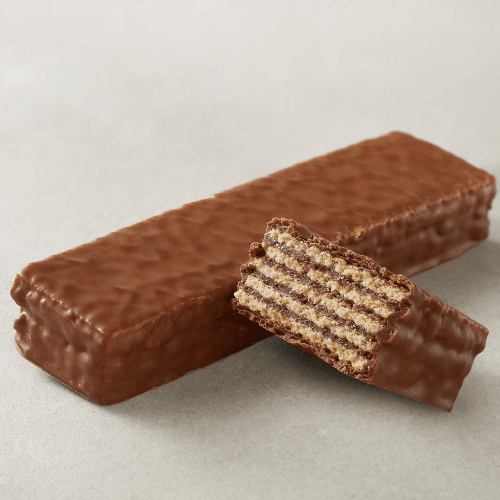 A slim rectangular wafer bar with crisp, pale-golden layers and dark chocolate filling, coated in smooth brown chocolate and shown whole beside a broken piece exposing its thin layers.