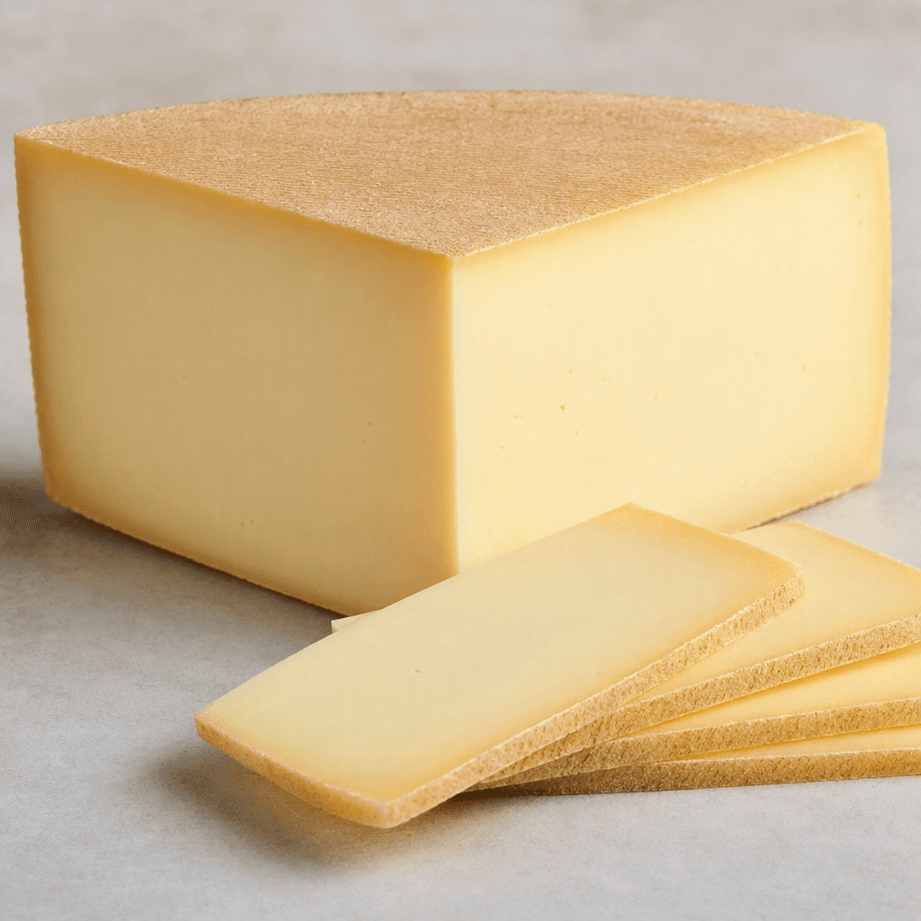 A smooth, pale ivory-yellow cheese is cut into a thick wedge and several neat slices, with a firm, even interior and a thin, slightly darker rind.