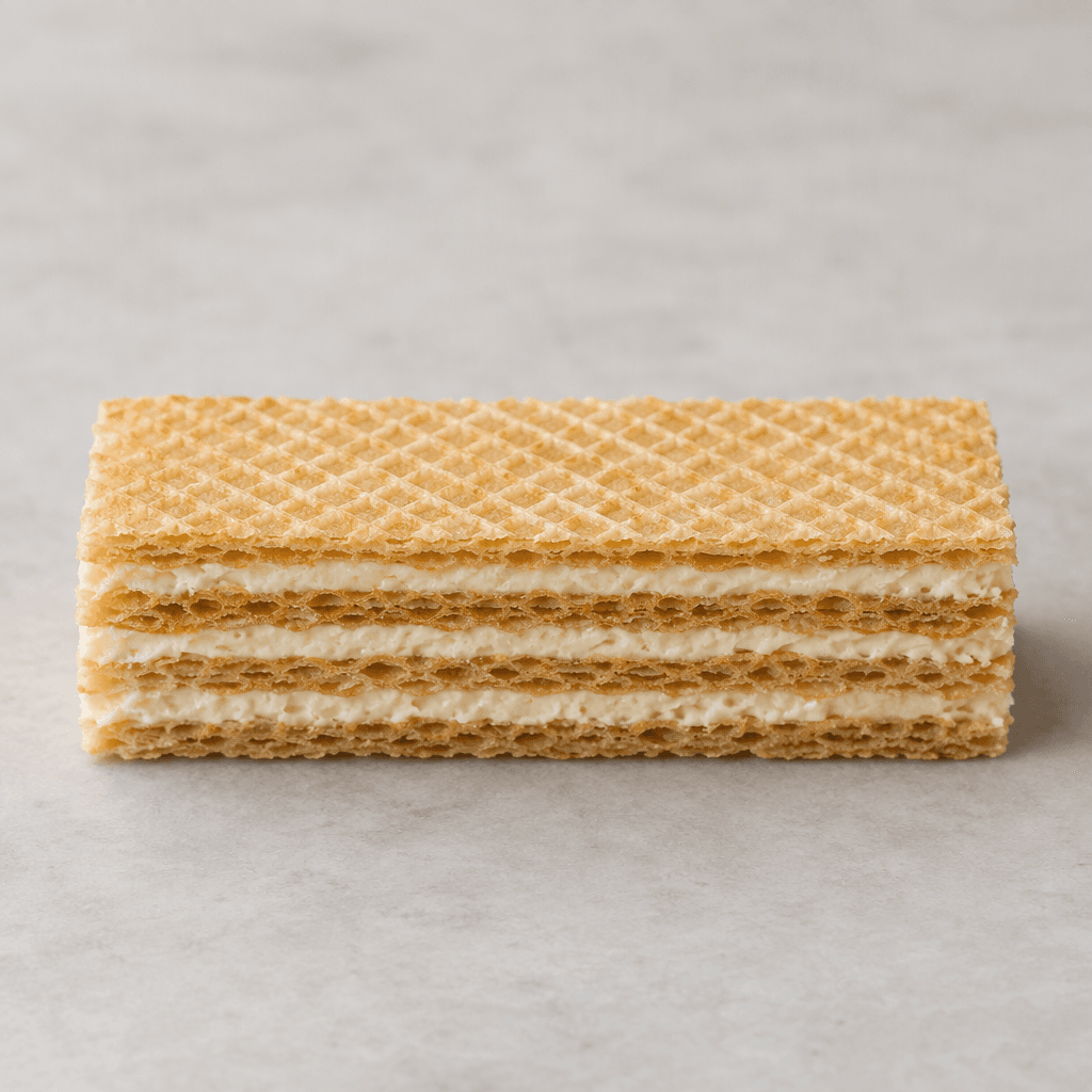 A rectangular, slender sweet made of several thin, pale golden-brown crisp wafer sheets stacked with visible layers of light cream between them, with a dry, delicate surface and clean straight edges.