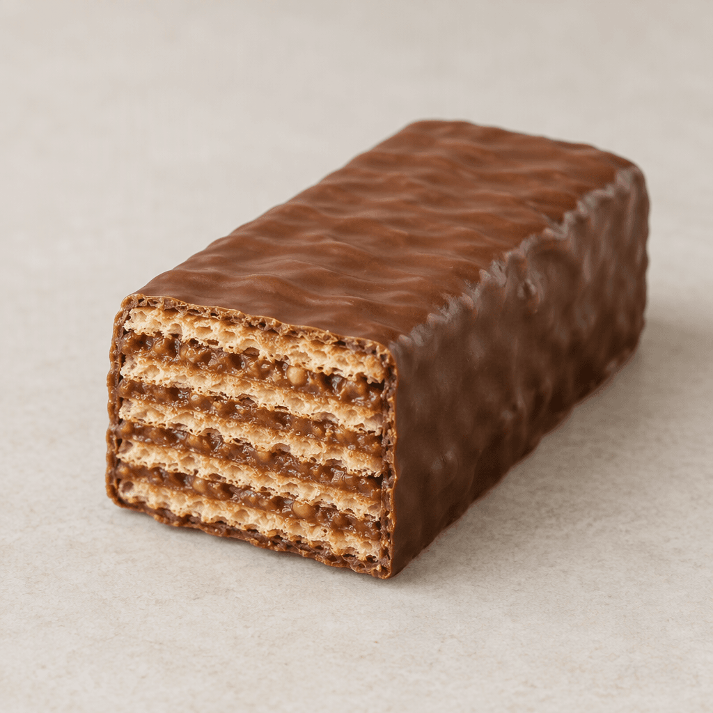 A rectangular, layered wafer bar with crisp, pale-golden wafer sheets and visible hazelnut filling, coated in smooth brown chocolate.