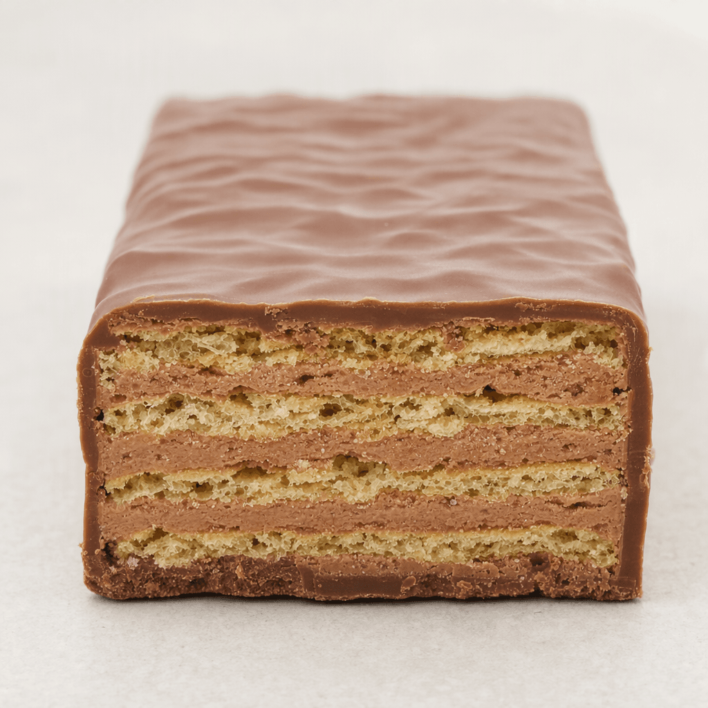 A rectangular wafer bar with crisp, thin golden layers and light-brown filling, coated in smooth milk chocolate.