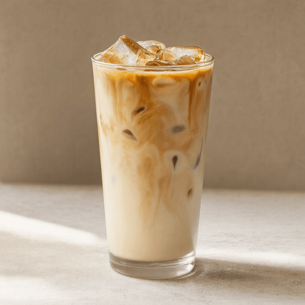 A tall clear glass holds a pale, creamy iced latte with brown coffee swirls and visible ice cubes.