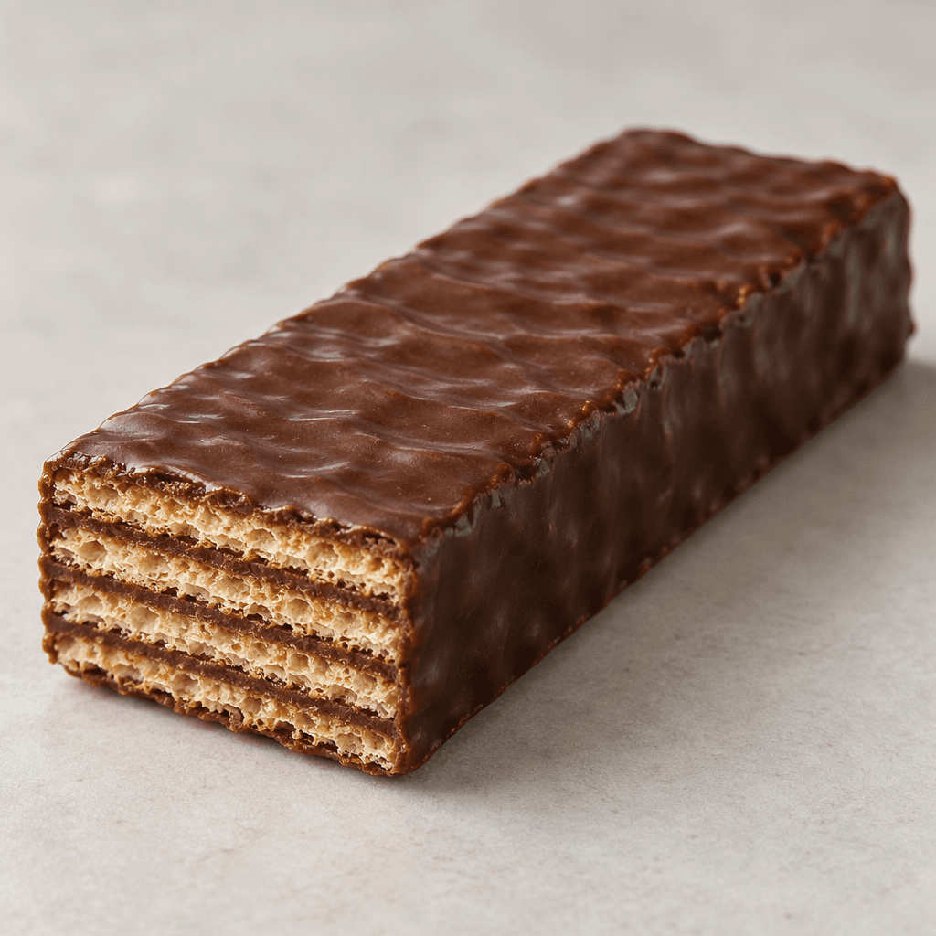 A slim rectangular wafer bar with crisp, pale-golden layers and dark brown chocolate coating, its ridged edges showing the stacked wafer and cream filling.