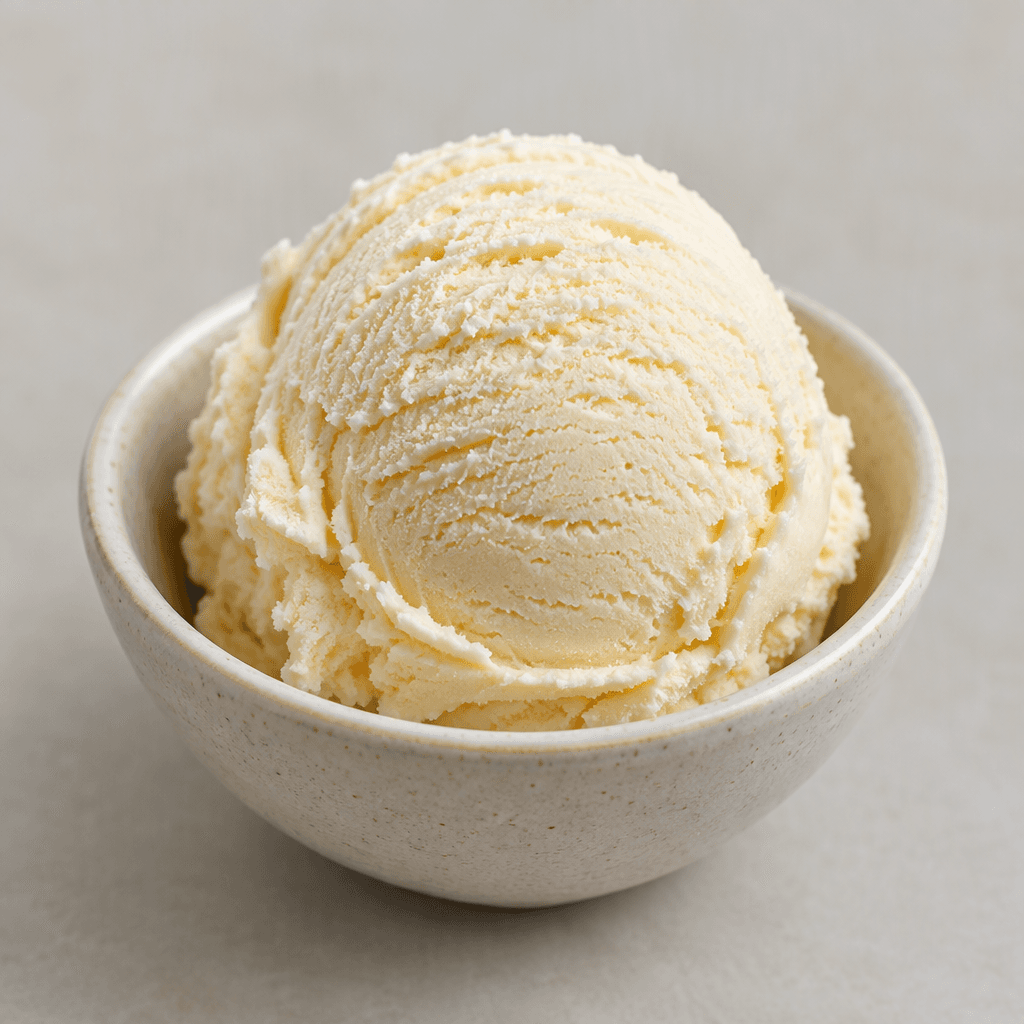 A rounded scoop of pale cream-colored ice cream with a smooth, softly ridged surface is served in a small dish.