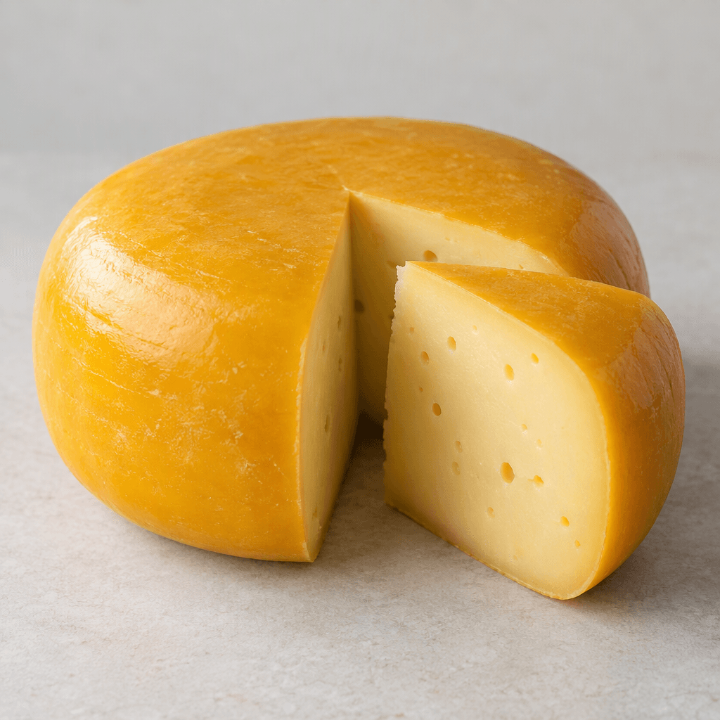 A squat, round wheel of Gouda with a smooth golden-yellow rind and a firm, pale yellow interior, shown as a wedge with a few small, irregular holes and clean cut edges.