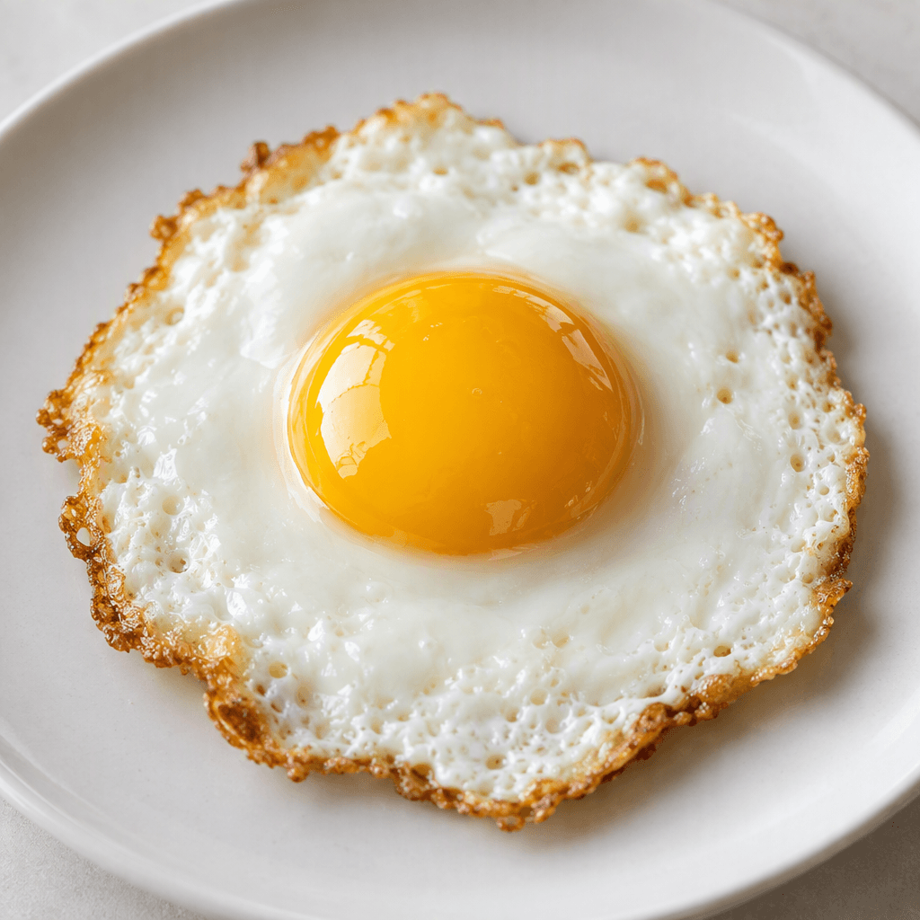A single egg lies in a shallow pool of set, opaque white, with a round, glossy golden-yellow yolk centered on top and softly crisp, irregular edges, served on a plain plate.