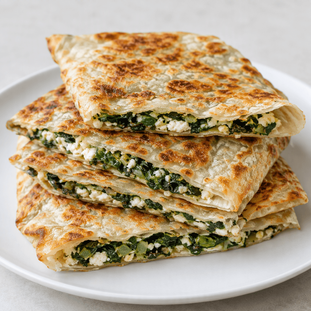 Thin, folded flatbreads with irregular rectangular shapes, blistered golden-brown patches, lightly crisp edges, and visible fillings of chopped greens and crumbly white cheese along the cut sides, served stacked on a plain plate.