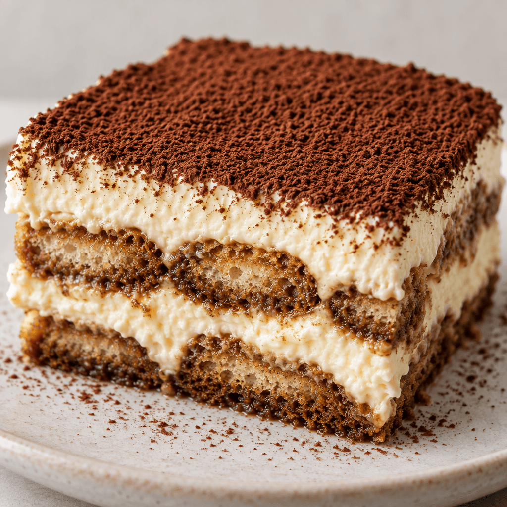 A soft, pale cream dessert is layered with dark coffee-brown soaked biscuit layers and topped with an even dusting of cocoa powder.