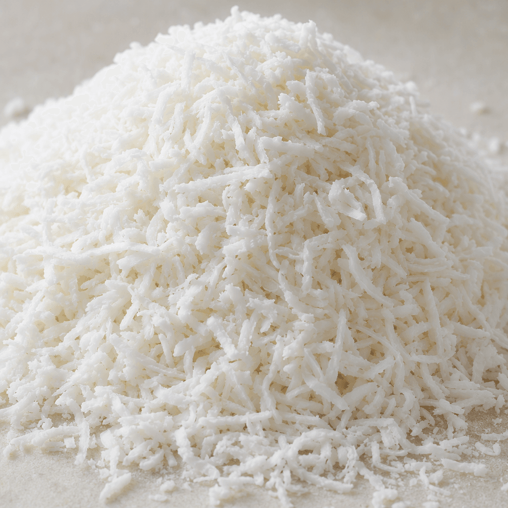 Loose, fine white to ivory coconut shreds form a fluffy mound, with thin irregular strands and small flakes clearly visible.