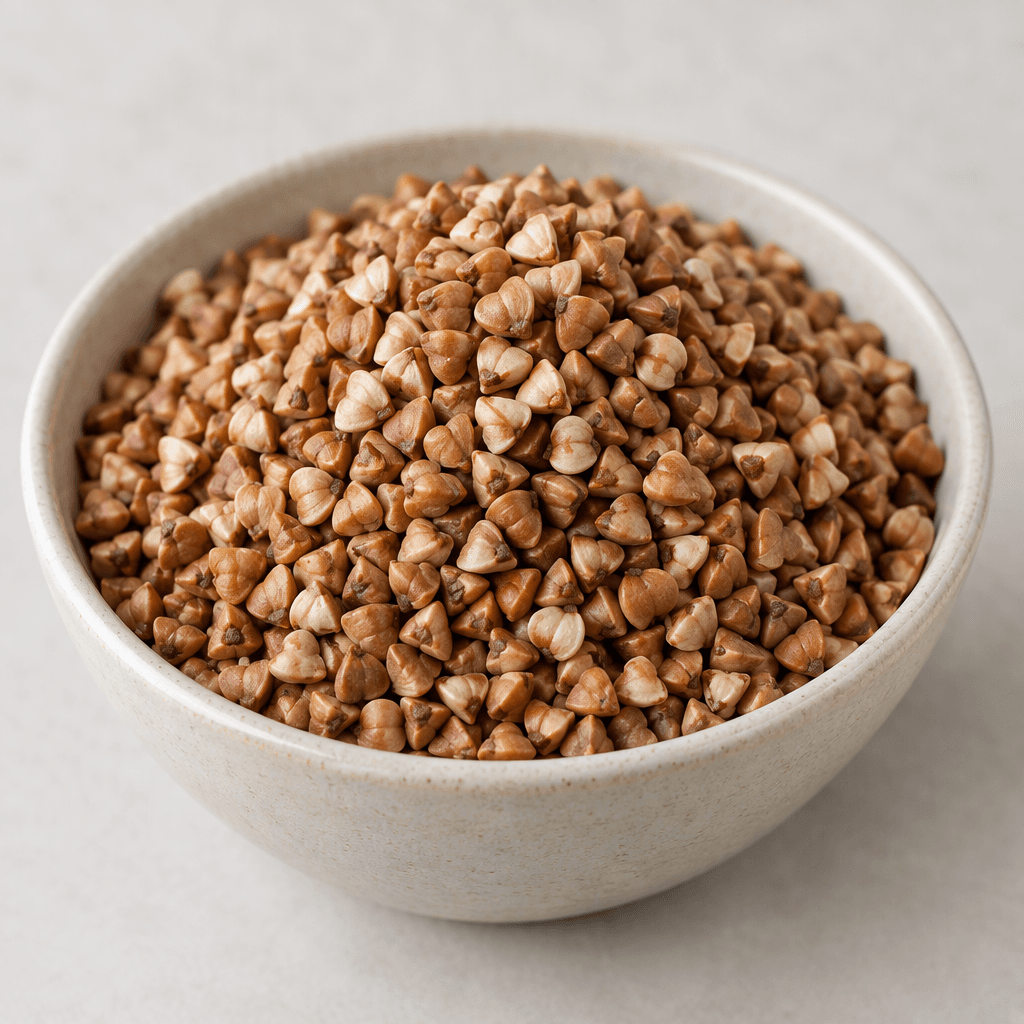 A loose mound of small, angular, triangular buckwheat groats, ranging from warm brown to pale tan with a dry, slightly rough surface, sits in a simple bowl.