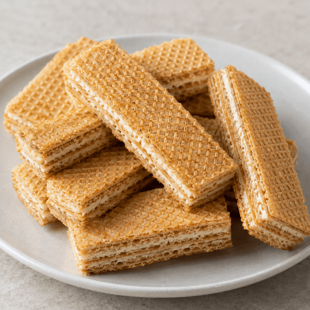 Several rectangular, golden-brown wafer biscuits with fine grid patterns and thin pale cream layers visible between their crisp sheets are arranged on a plate.