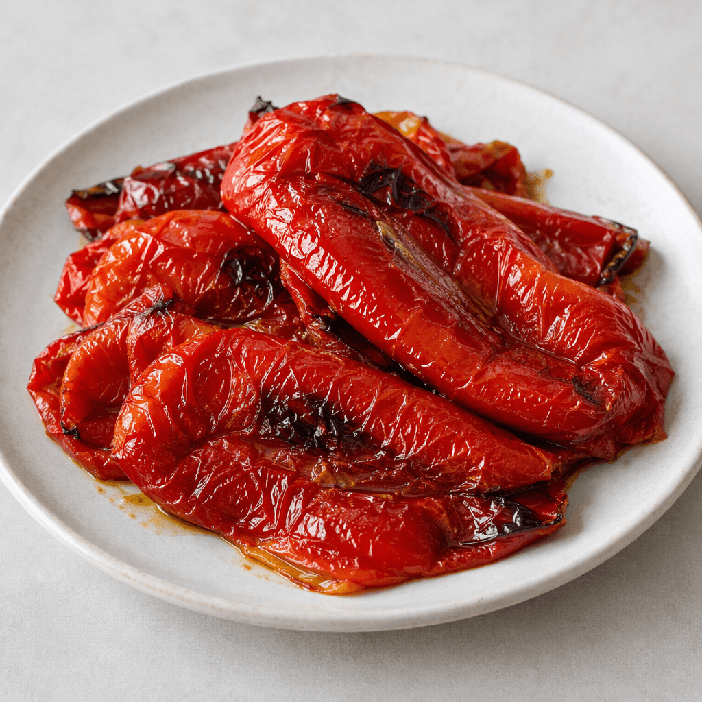 Soft, glossy red roasted peppers with slightly wrinkled, darkened skin are arranged on a plate.