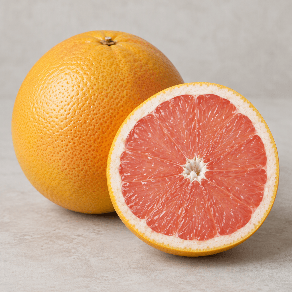 A large round grapefruit with a thick, slightly dimpled yellow-orange rind sits beside a cut half showing juicy segments of pale pink flesh and thin white membranes.