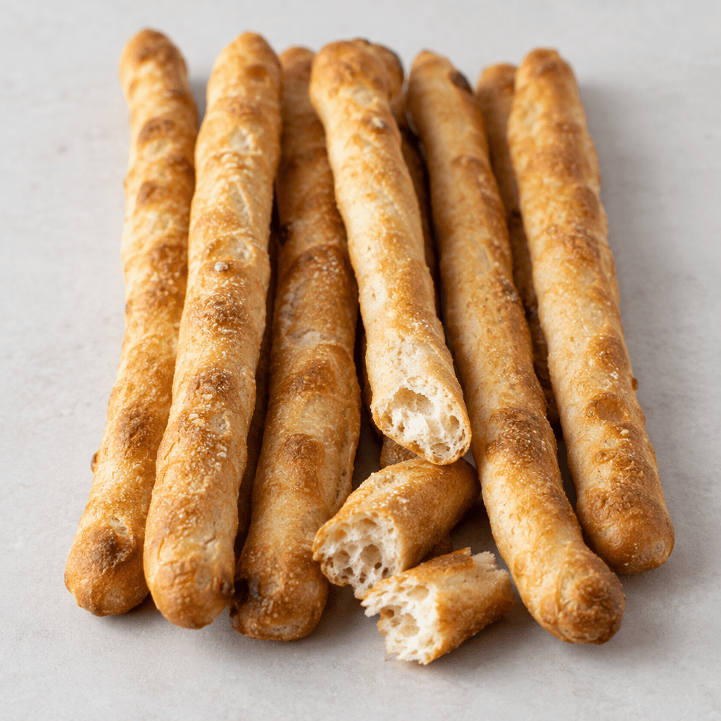 Several slender, golden-brown breadsticks with lightly blistered, crisp-looking surfaces are arranged parallel on a plain serving surface, with a few broken ends showing a pale, airy interior.