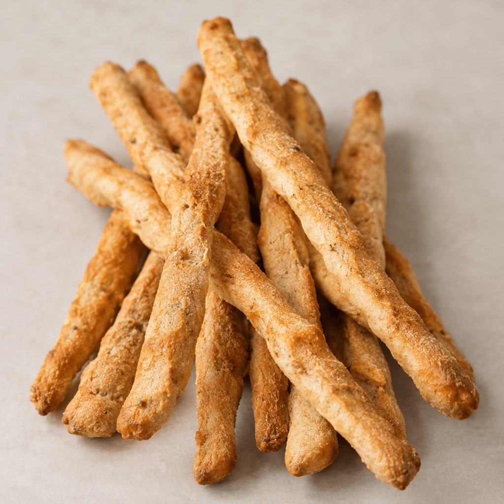 Slender, elongated breadsticks with a dry, crisp-looking, uneven golden-brown surface, arranged in a loose bundle with some pieces overlapping.