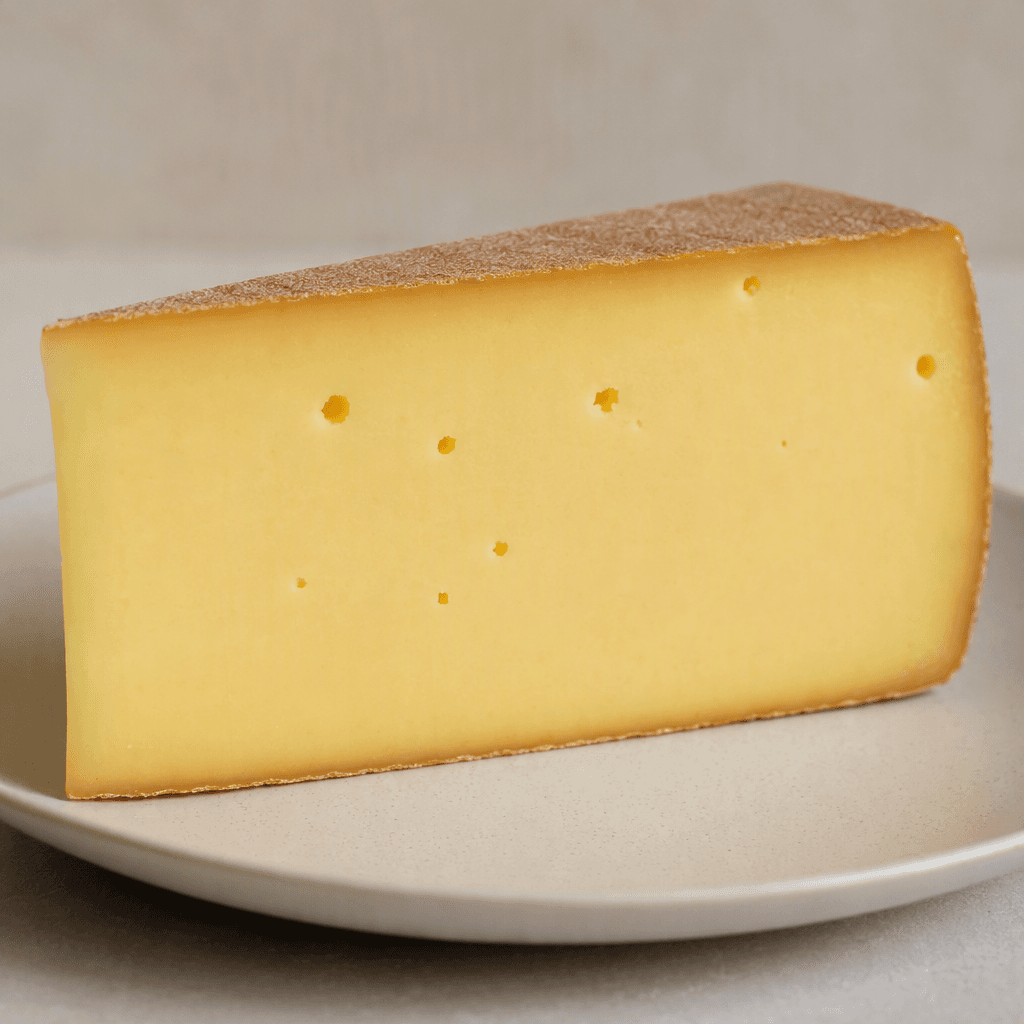 A wedge of Gruyere cheese with a firm, pale yellow interior, a few small irregular holes, and a thin tan-brown rind, resting on a plain plate.