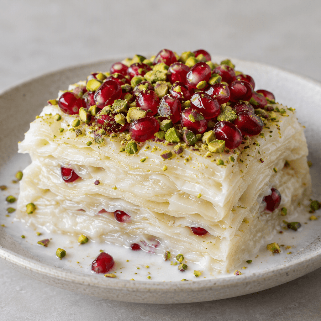A pale white, softly layered dessert made from thin, slightly translucent sheets soaked in milk, with moist delicate layers visible at the cut edges and a topping of ruby-red pomegranate seeds and finely chopped green pistachios, served in a shallow dish.