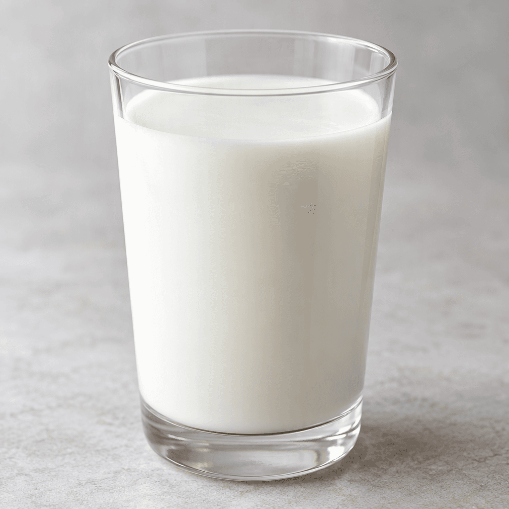 Opaque white milk with a smooth, even surface, served in a clear glass.