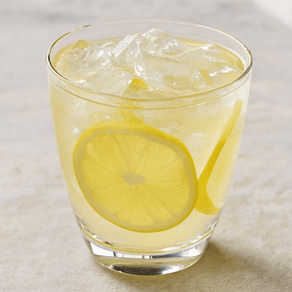 Buz küpleri ve ince limon dilimleri görünen, açık sarı ve yarı saydam limonata şeffaf bir bardakta servis ediliyor.