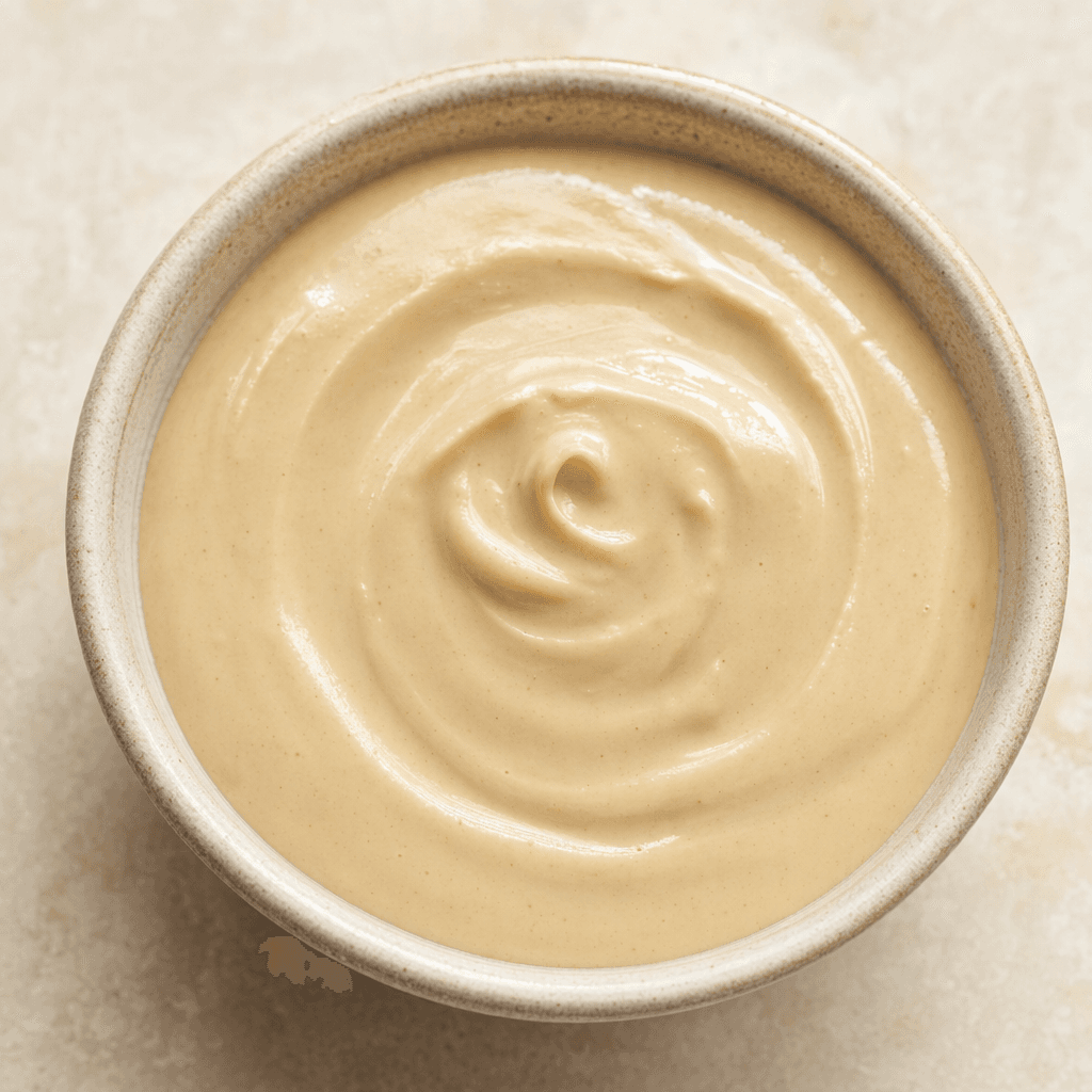 Pale ivory-beige tahini sits in a small bowl, thick and smooth with a soft, glossy surface and faint swirls.