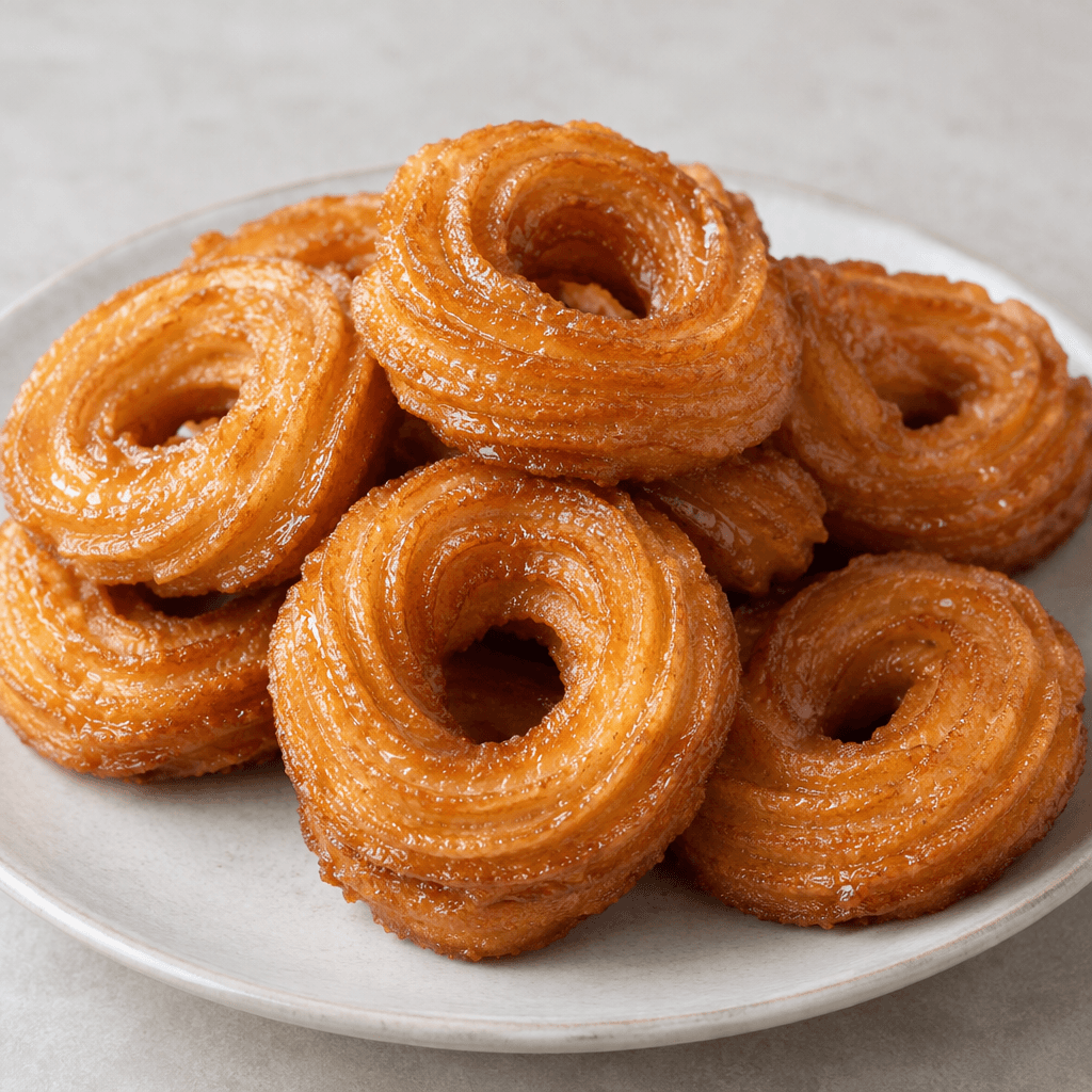 Golden-brown, ridged ring-shaped pastries with a crisp-looking surface, lightly glistening with syrup and arranged on a serving plate.