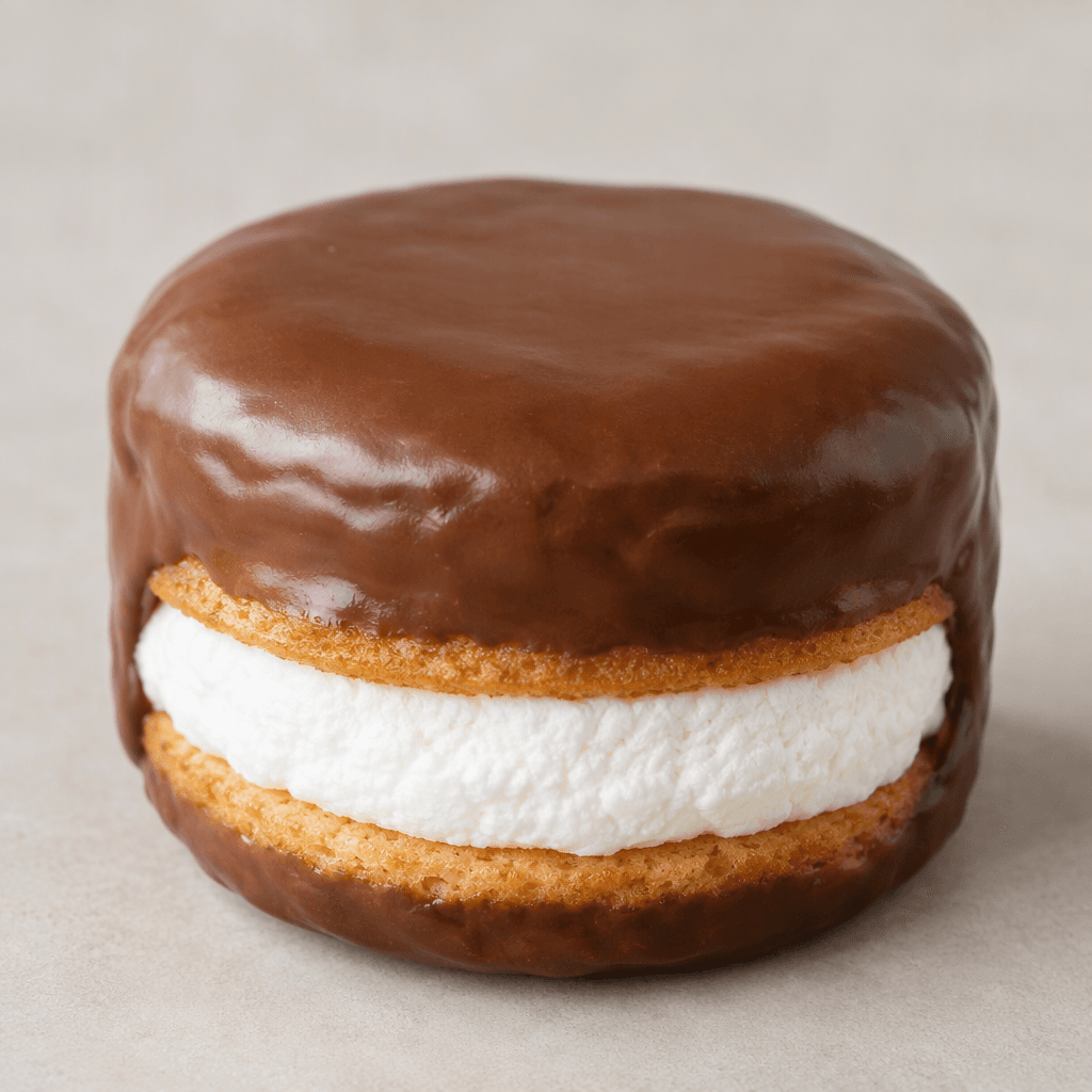 A small round sandwich cake with two soft golden-brown biscuit layers, a thick white marshmallow-like filling between them, and a smooth glossy milk-chocolate coating over the top and sides.