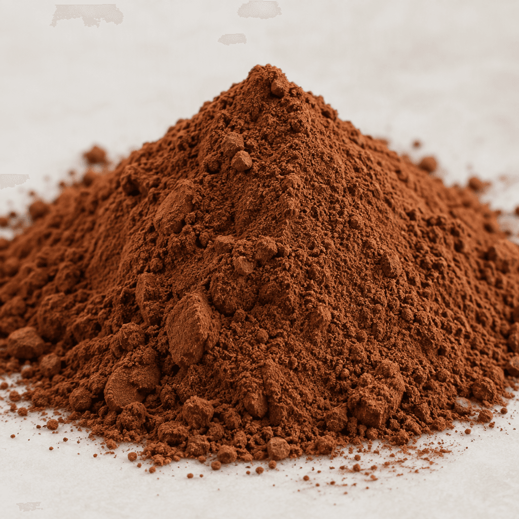 Fine, loose cocoa powder forms a soft mound of deep reddish-brown dust with a smooth, powdery surface and a few delicate clumps.