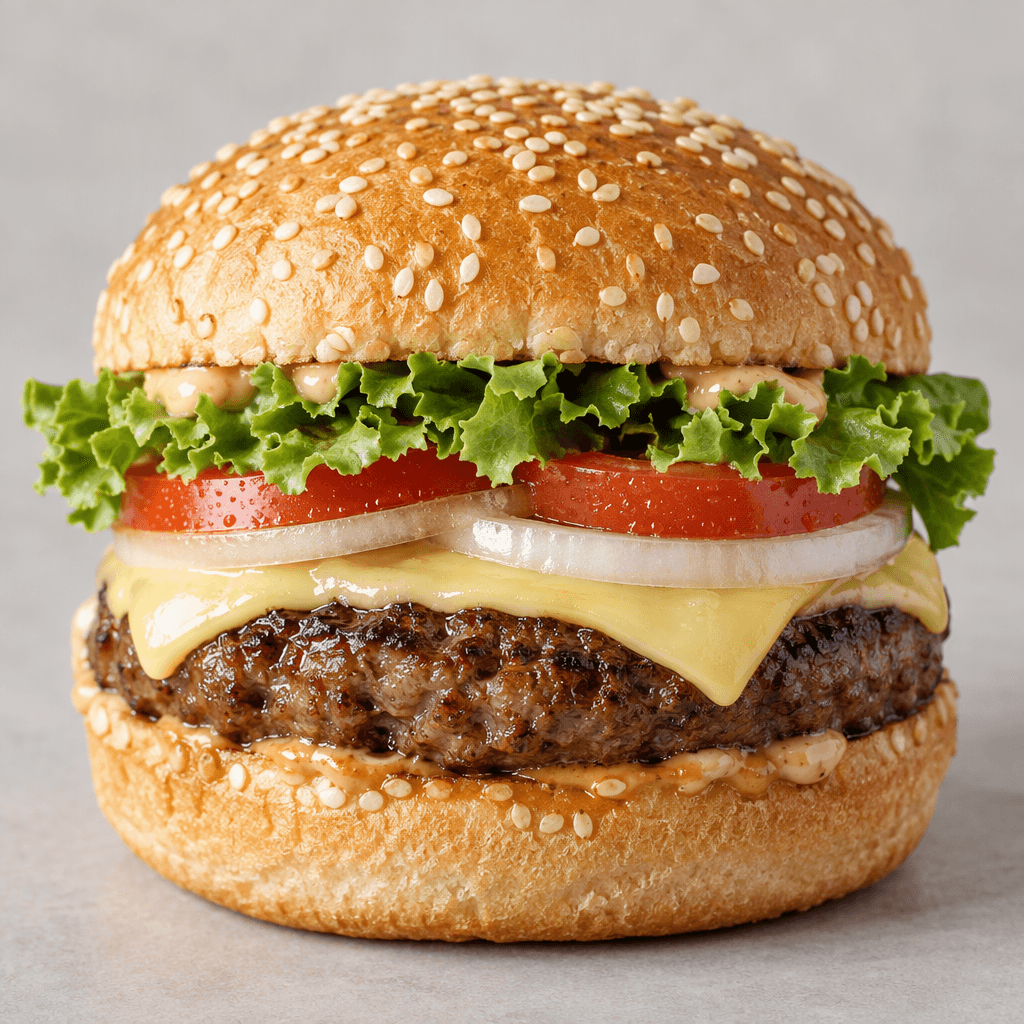 A round sesame-seeded bun holds a browned, thick minced-meat patty with ruffled green lettuce, red tomato slices, pale onion rings and a square of melted pale yellow cheese visible between the layers, with a little sauce at the edges.