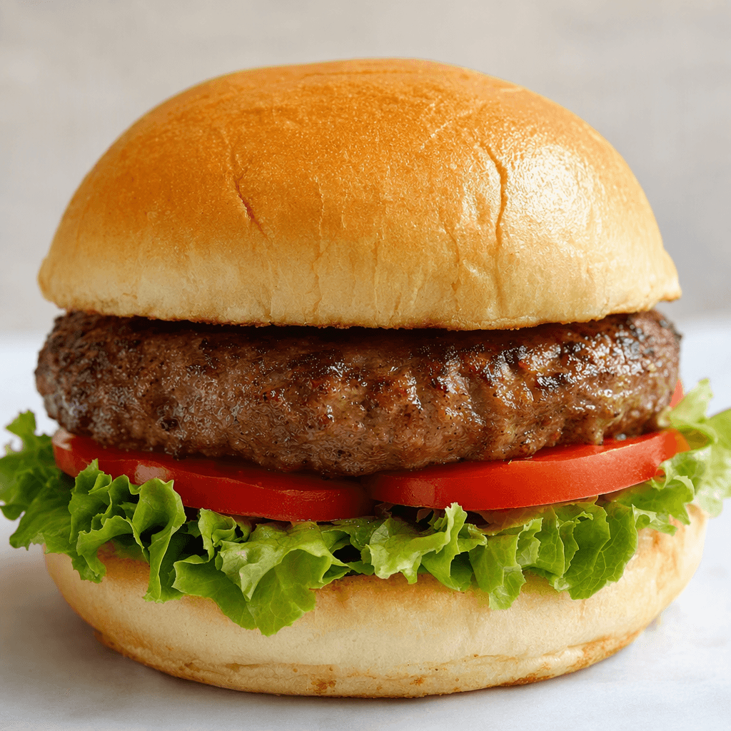 A thick, round, browned beef patty sits inside a soft, lightly toasted bun, with crisp green lettuce and red tomato slices visible around it.
