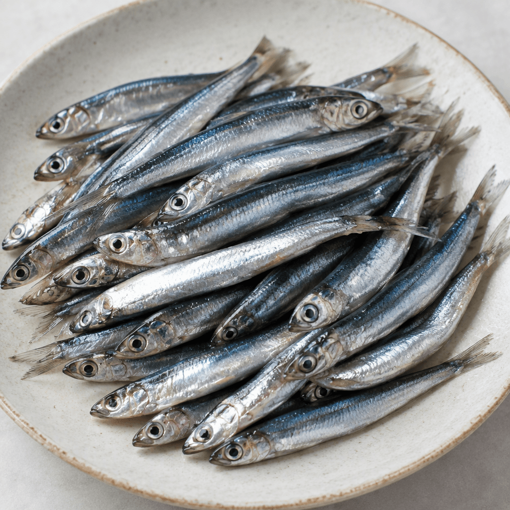 Small, slender whole fish with silvery-blue scales, dark blue-green backs, pointed heads, forked tails, and delicate translucent fins, arranged closely on a plate.