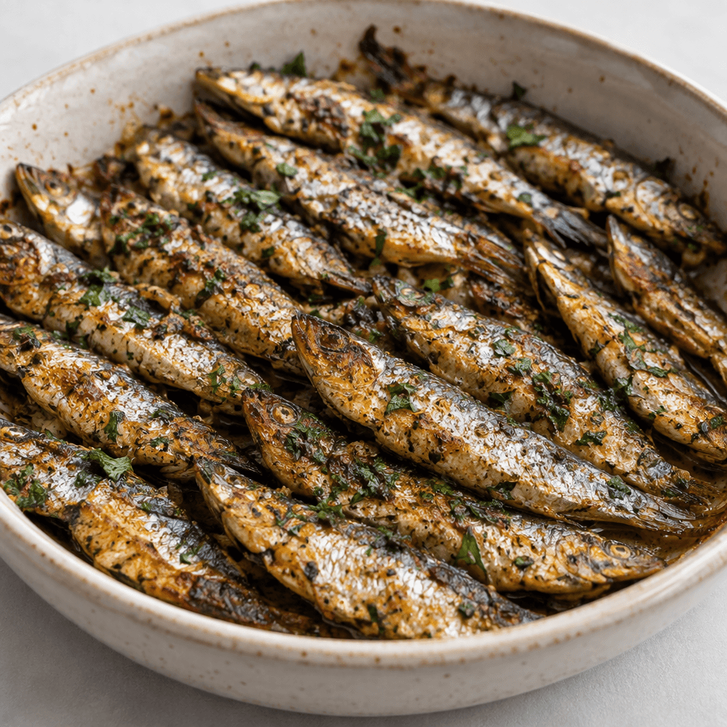 Small whole anchovies lie closely arranged in a shallow baking dish, their silvery skins turned golden brown with darker crisp edges and flecks of green herbs visible on top.