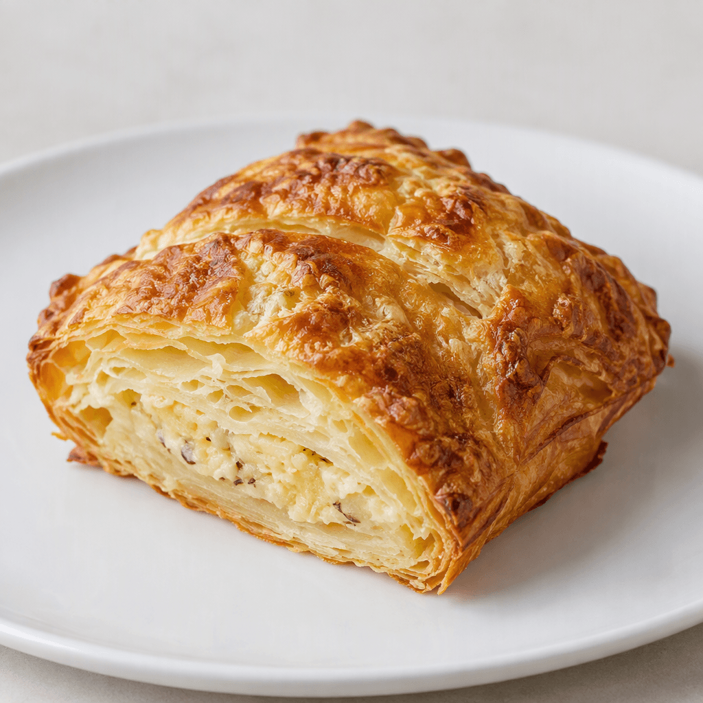 A golden-brown pastry with crisp, flaky layers, a lightly blistered surface, and a tender pale interior visible where it has been cut, served on a plain plate.