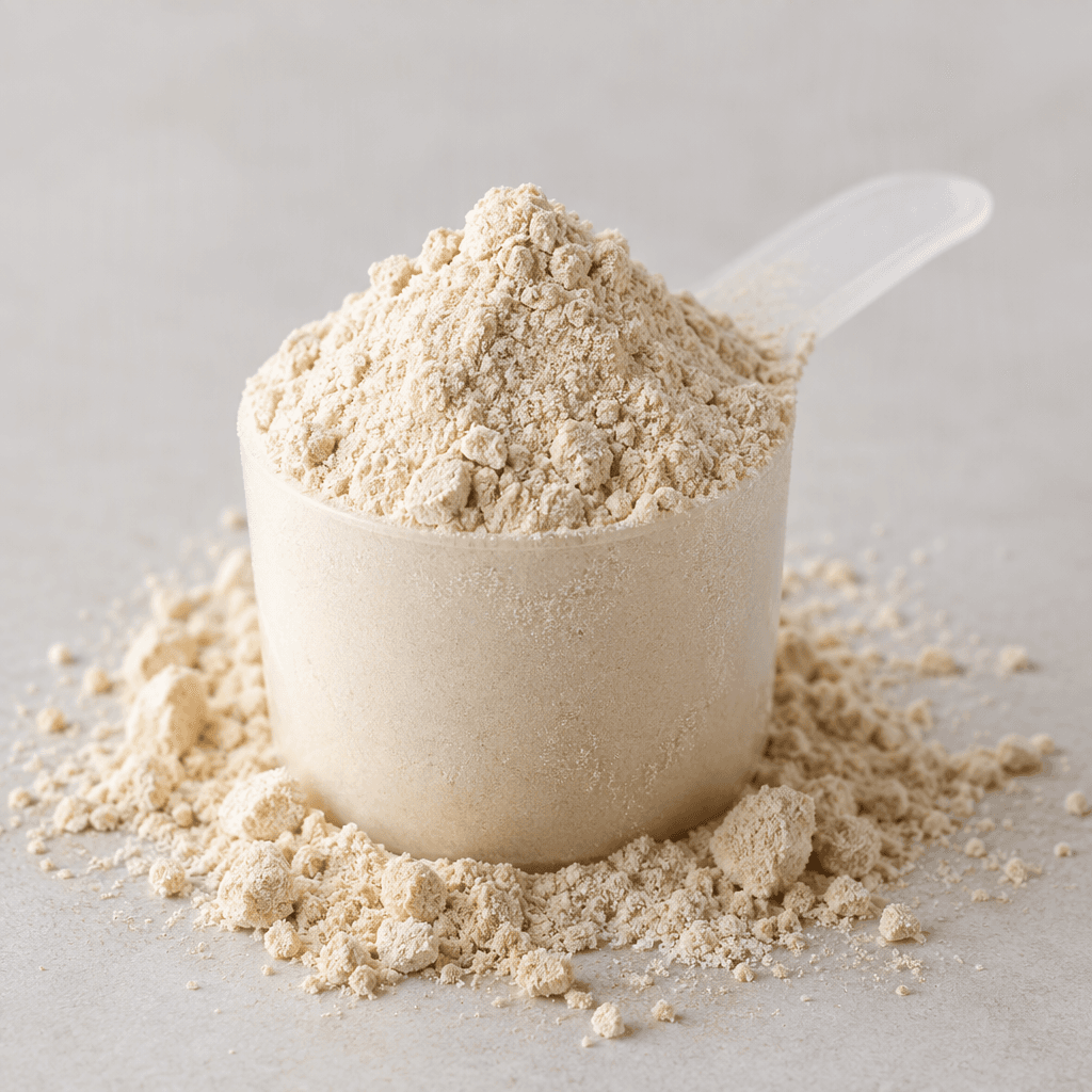 A mound of fine, pale beige powdered supplement with a dry, smooth texture and a few small loose clumps, arranged in a simple scoop.