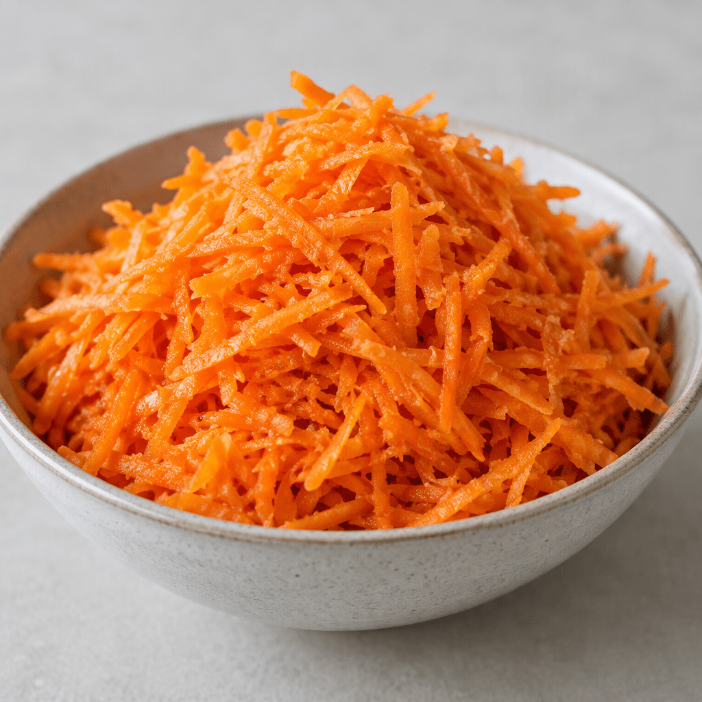 A mound of finely grated bright orange carrots sits in a shallow bowl, with thin strands loosely piled and lightly glossy on the surface.