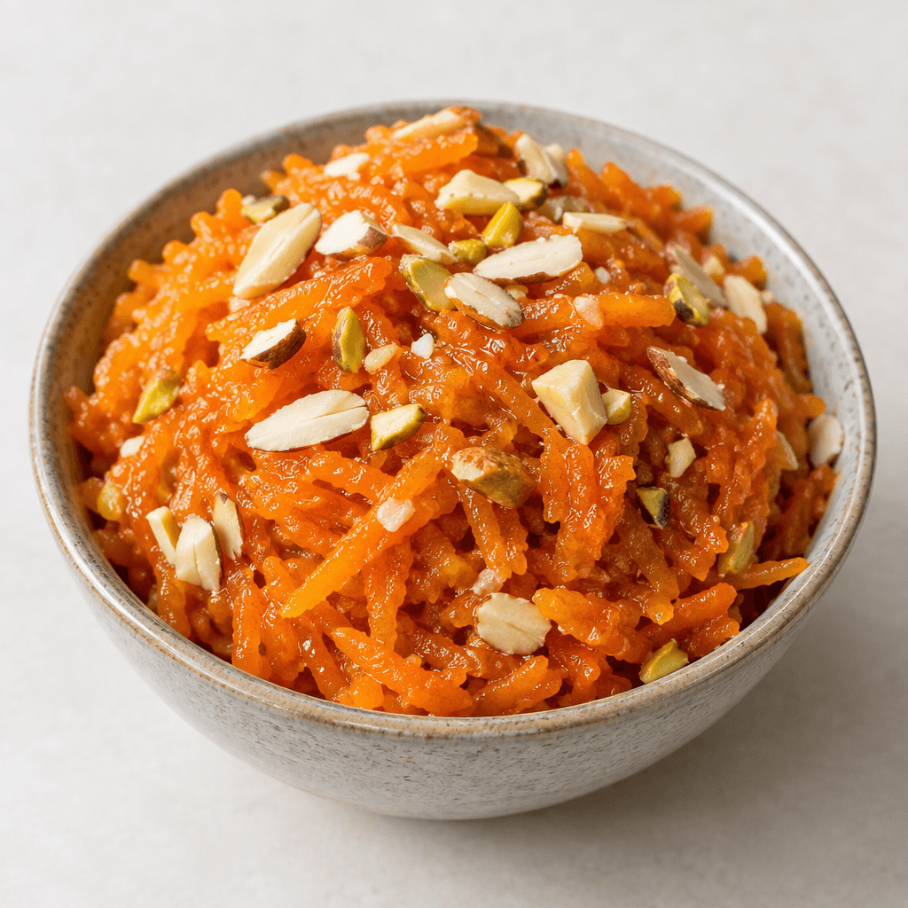 A mound of soft, finely grated orange carrots glistens with syrup in a small bowl, topped with scattered pale nuts.